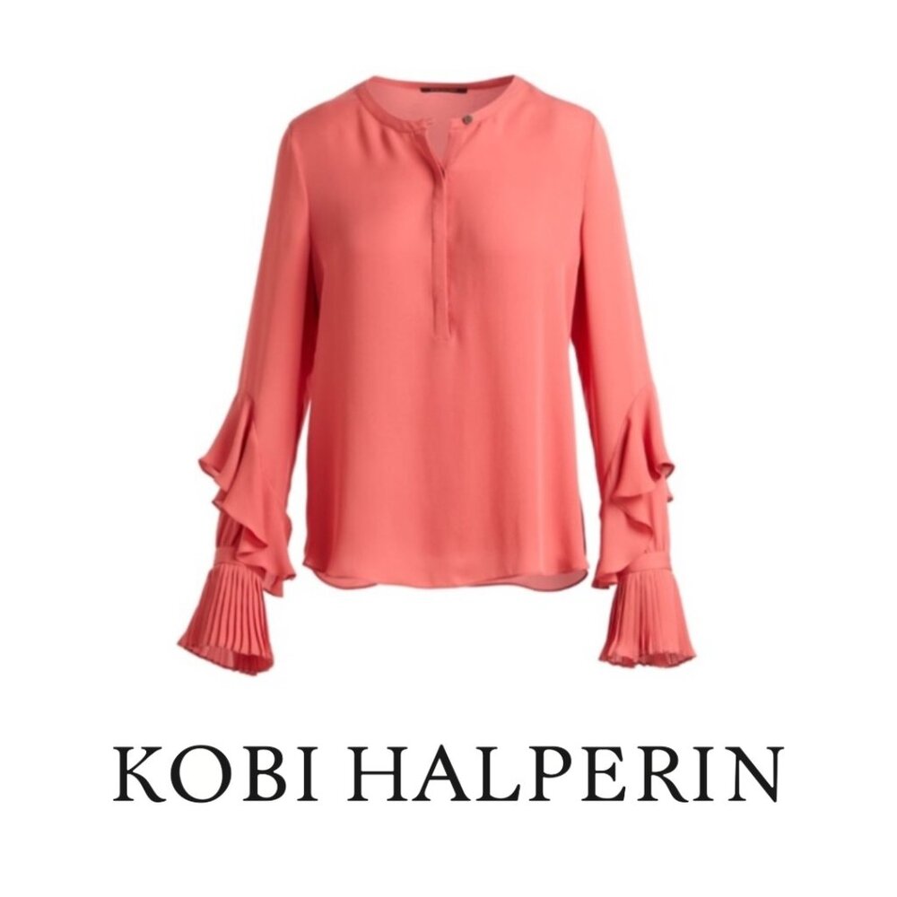 Kobi Halperin Wyatt 100% Silk Coral Long Sleeve Blouse Minimalist Quiet Luxury